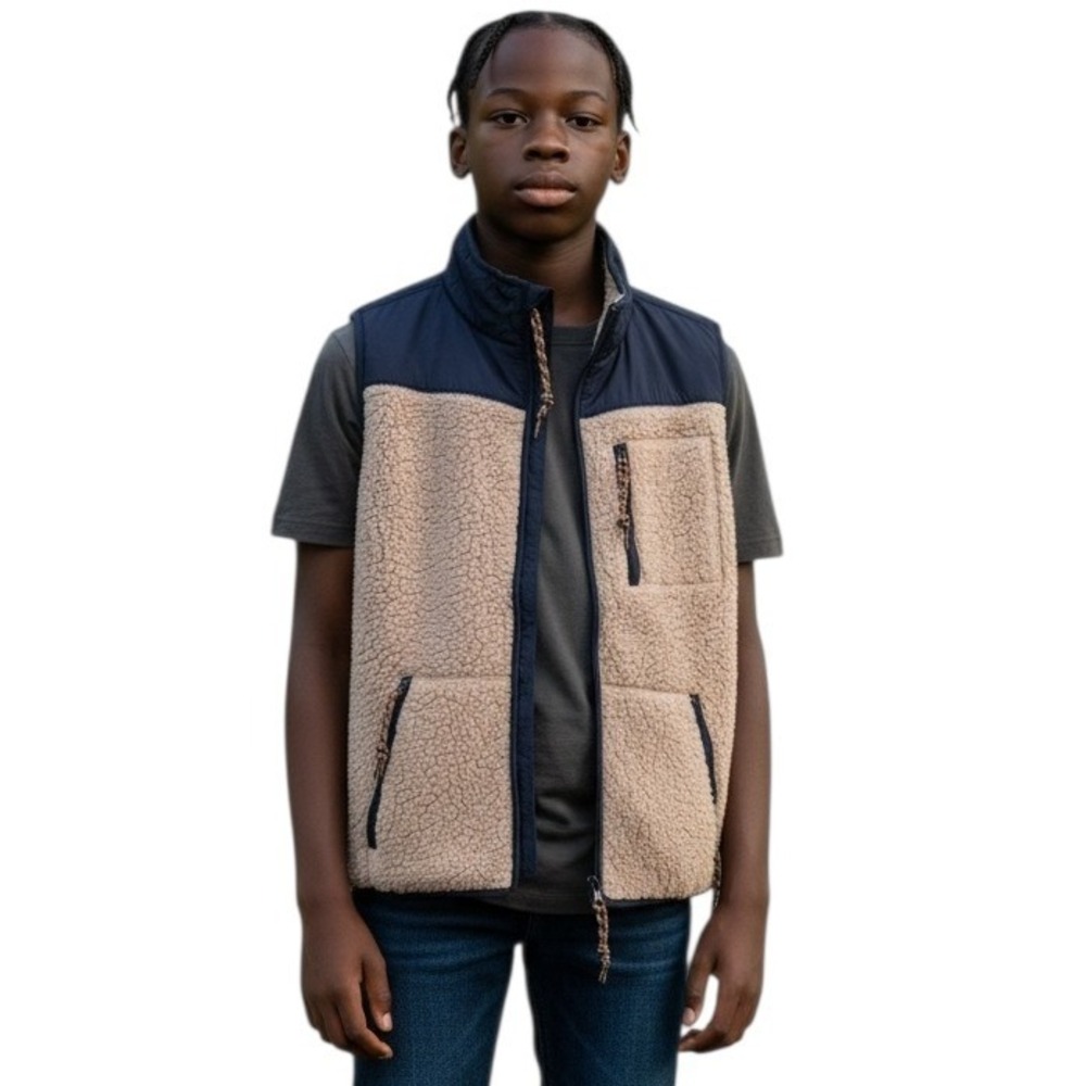 Prince & Fox Fleece Vest Navy Blue Tan Sherpa Puffer Collar Full Zip Size L‎